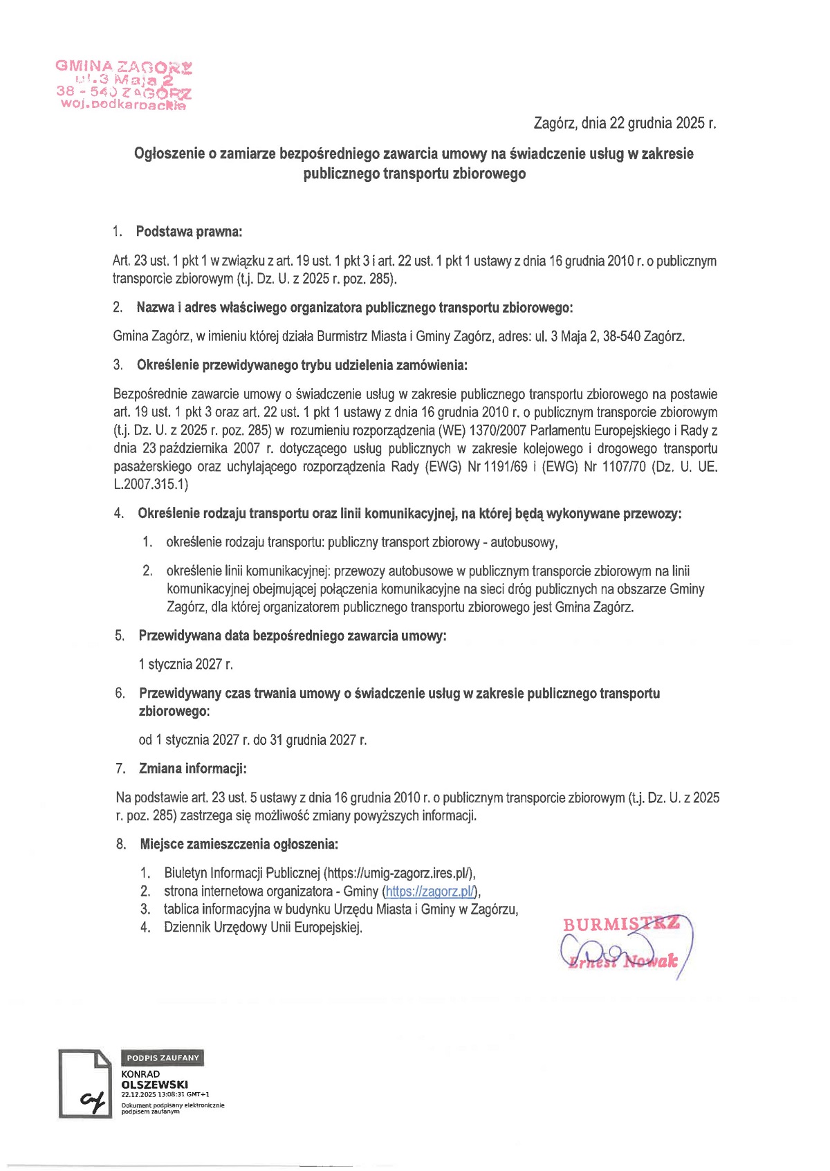 Ogłoszenie o zamiarze bezpośredniego zawarcia umowy na świadczenie usług w zakresie publicznego transportu zbiorowego
