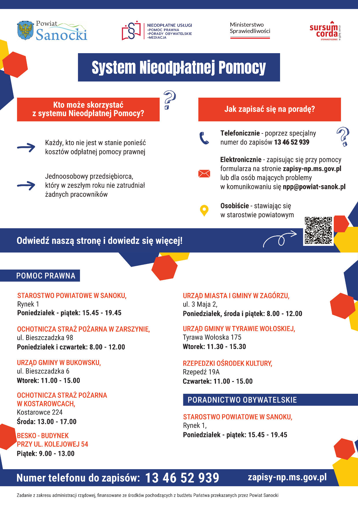 Plakata z rozpiska gdzie i kiedy można uzyskać pomoc prawną