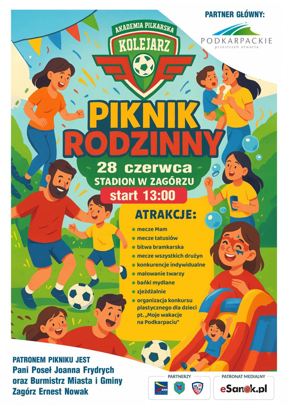Plakat reklamujący rodzinny piknik sportowy 28 czerwca w Zag&oacute;rzu od 13:00. Oferuje wiele atrakcji dla dzieci i dorosłych.