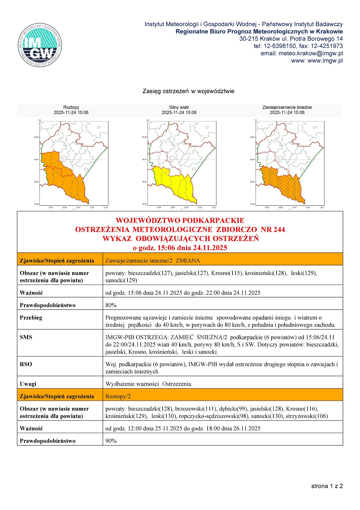 Ostrzeżenie meteorologiczne dla wojew&oacute;dztwa podkarpackiego. Mapy zasięgu ostrzeżeń, tabele z informacjami o zagrożeniach.