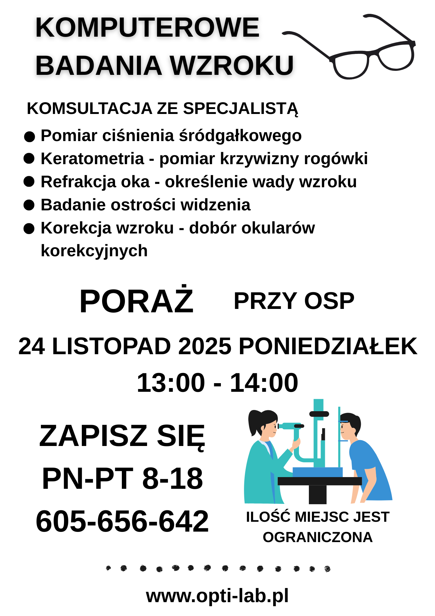 Ogłoszenie: Komputerowe badania wzroku, konsultacje specjalistyczne, Poraż i OSP, 24 listopada 2025, 13-14, zapisy, ograniczona liczba miejsc.