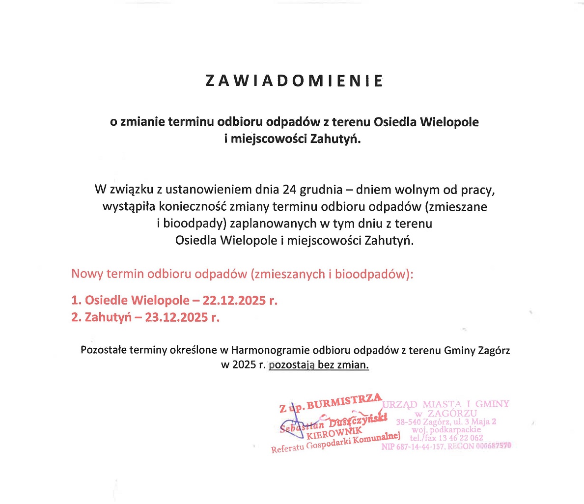 Ogłoszenie o zmianie terminu odbioru odpad&oacute;w w Osiedlu Wielopole i Zahutyniu, ze względu na dzień wolny 24 grudnia 2025 roku. Nowe terminy odbioru są podane.