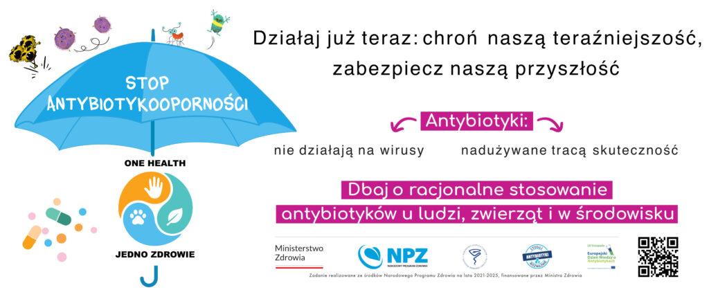 Grafika promująca odpowiedzialne stosowanie antybiotyk&oacute;w. Zawiera hasła, logotypy i grafikę parasola jako ochrony przed antybiotykoopornością.