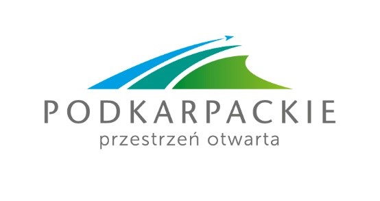 Logo wojew&oacute;dztwa podkarpackiego: g&oacute;ry, samolot, napis "Podkarpackie", "przestrzeń otwarta". Kolory: zielony, niebieski, szary.